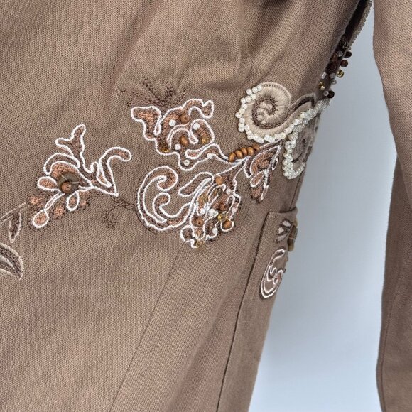 Coldwater Creek Embroidered Beaded Floral linen Jacket Size Large brown pockets - Picture 9 of 11